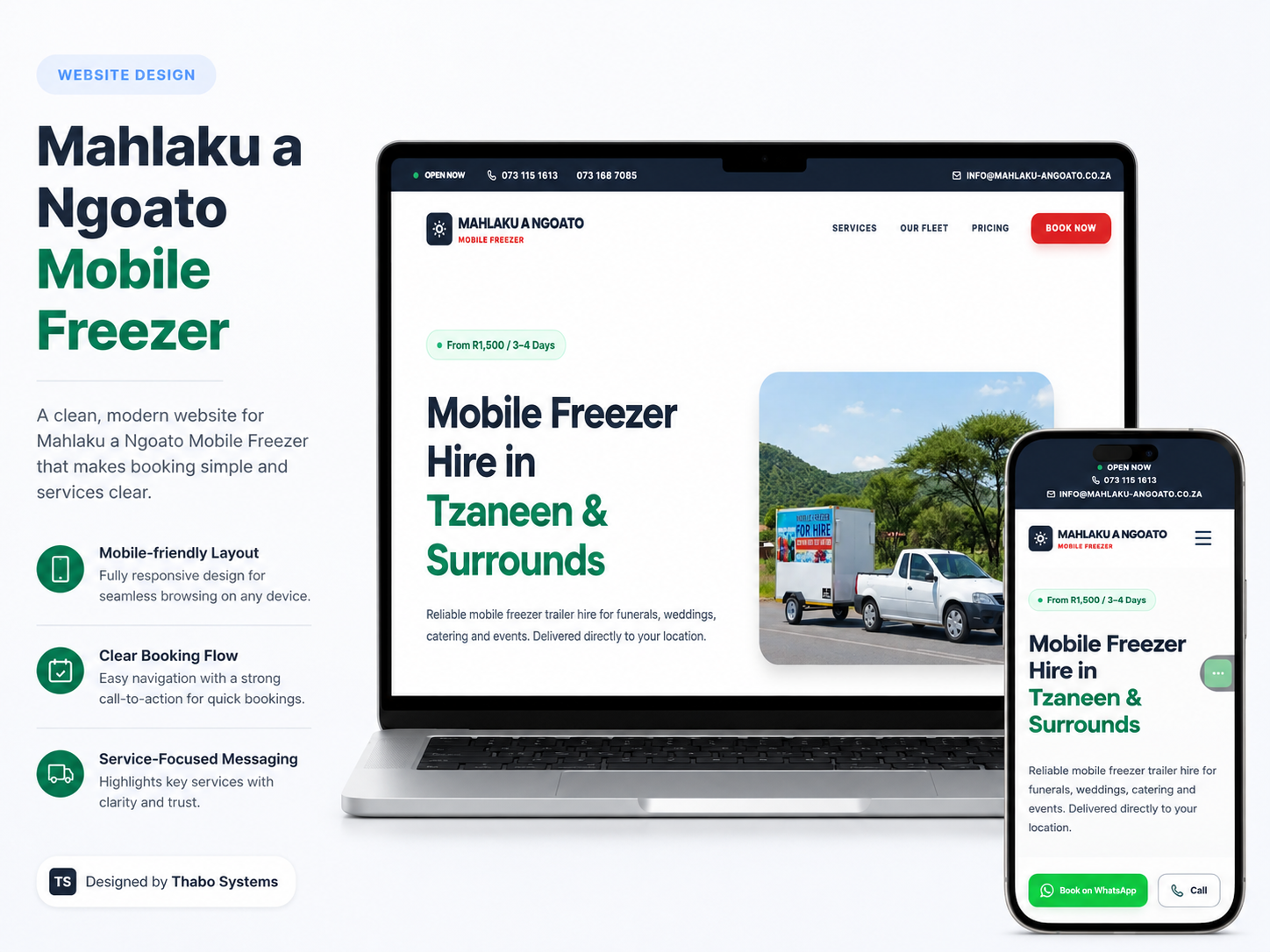 Mahlaku a Ngoato Mobile Freezer business website mockup by Thabo Systems