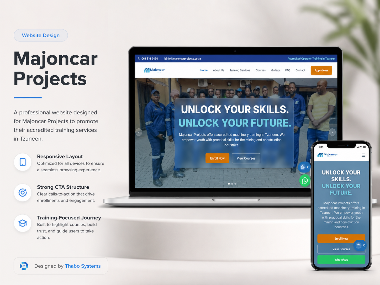 Majoncar Projects machinery training website mockup by Thabo Systems